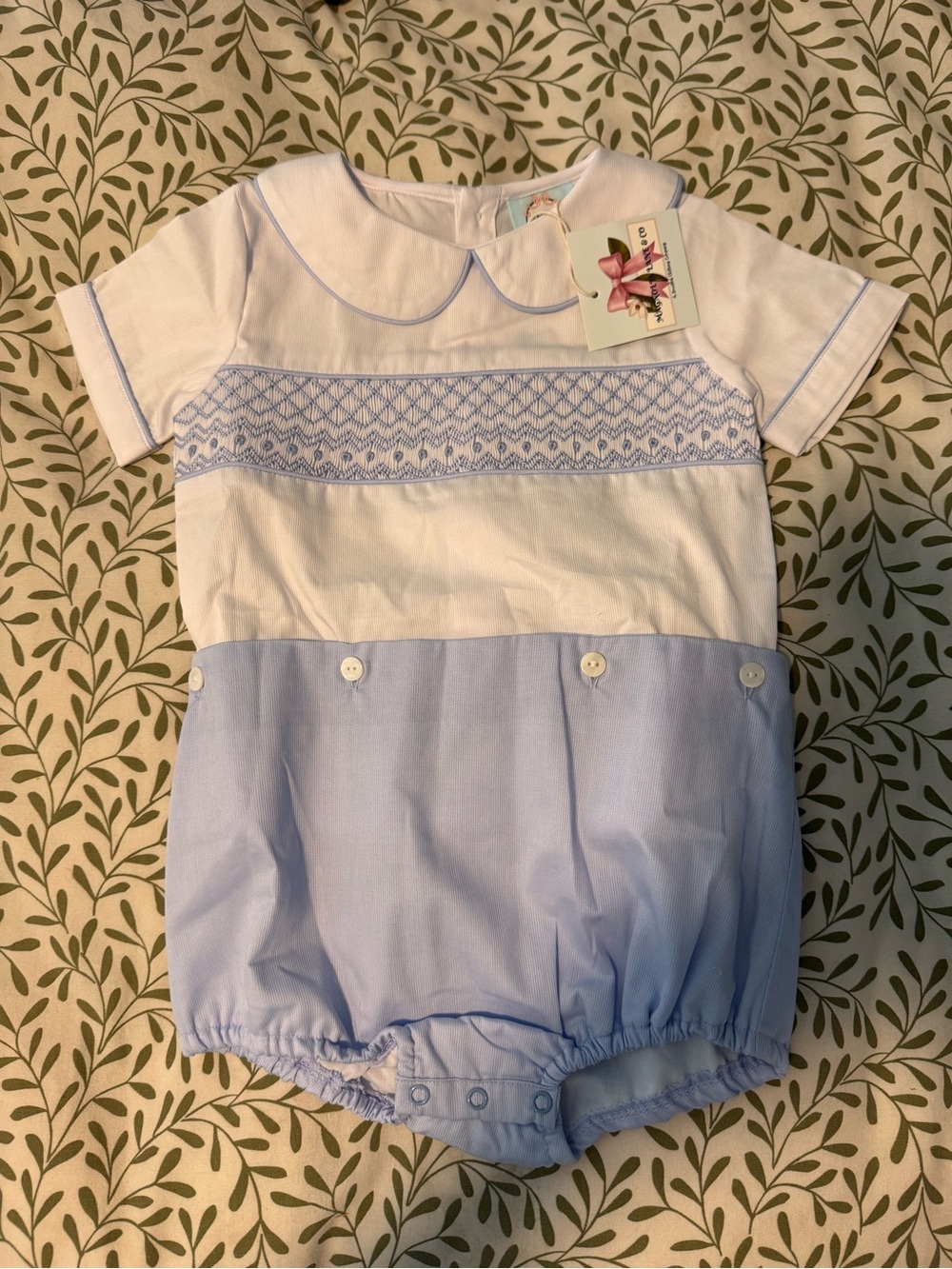 Classic White and Light Blue Smocked Baby Bubble